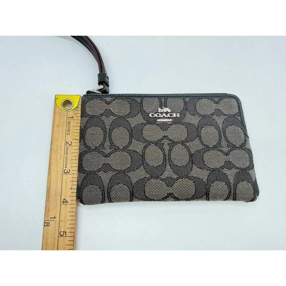 Coach Signature Wristlet Wallet Brown Black Canvas Zip Pouch F58033